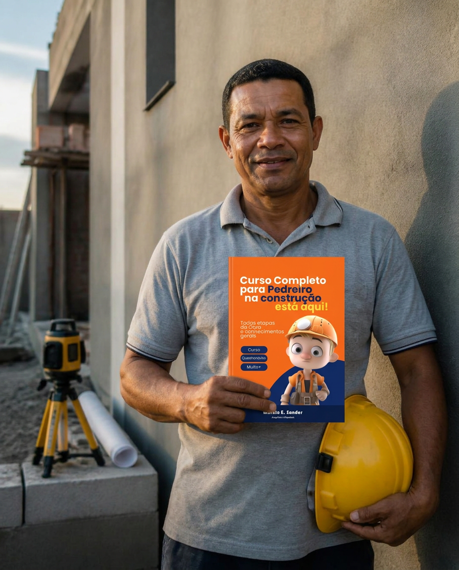Pedreiro brasileiro confiante segurando o livro do Curso Completo para Pedreiro